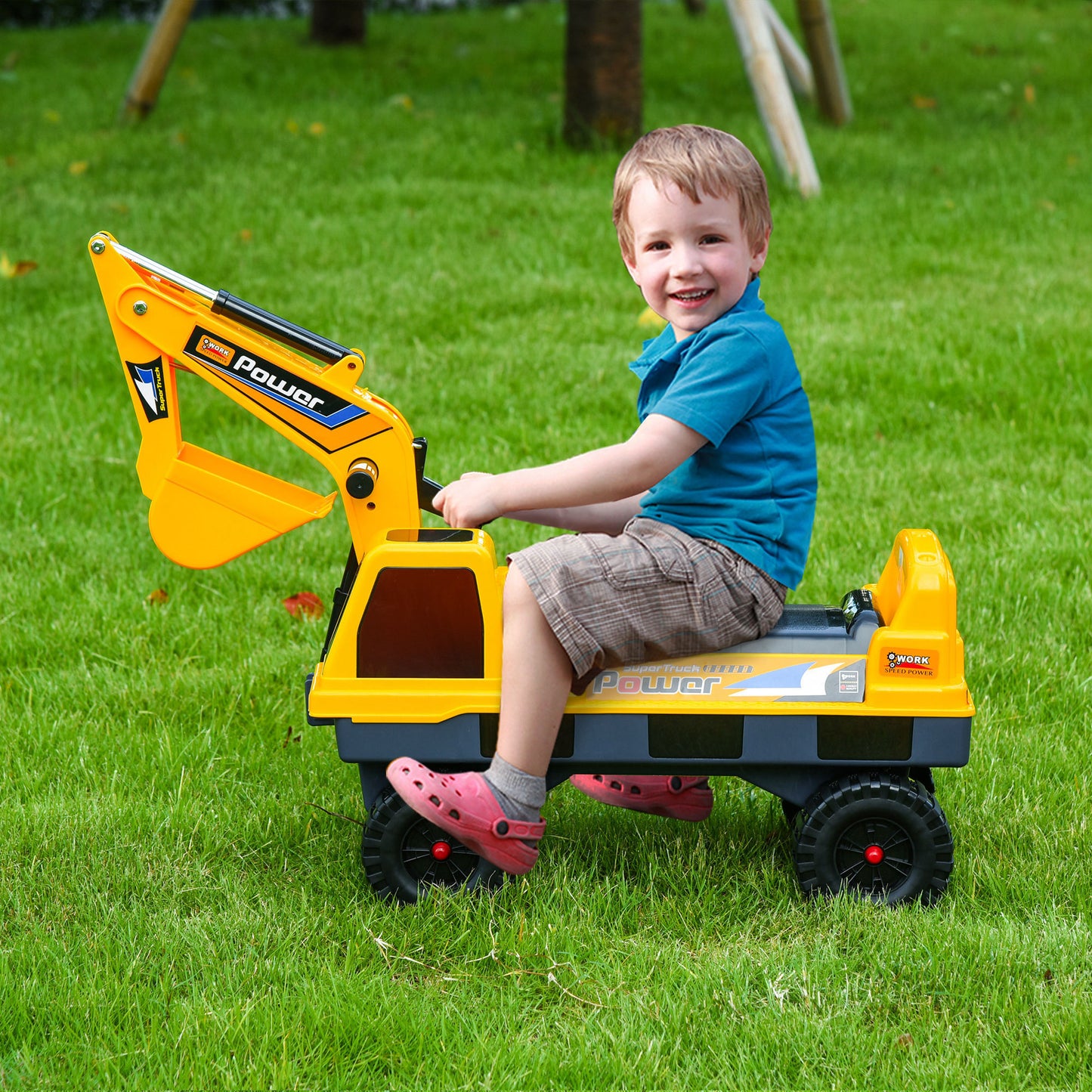 No Power 2 in 1 Ride On Excavator with Helmet and Claw, Construction Truck Set, Multi-Functional Digger with Storage, Light and Music, Yellow