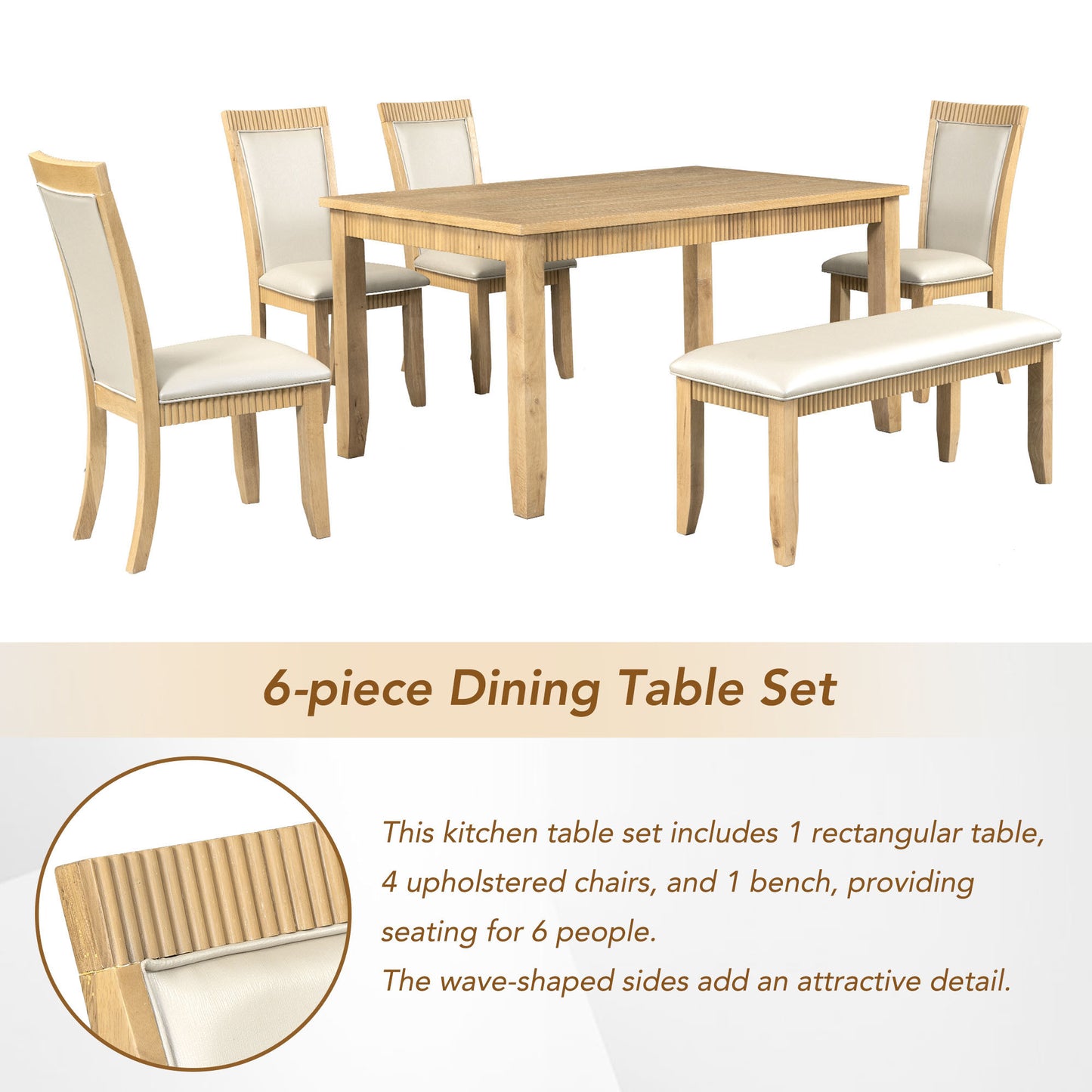 Rustic Solid Wood 6-piece Dining Table Set, PU Leather Upholstered Chairs and Bench, Natural Wood Wash