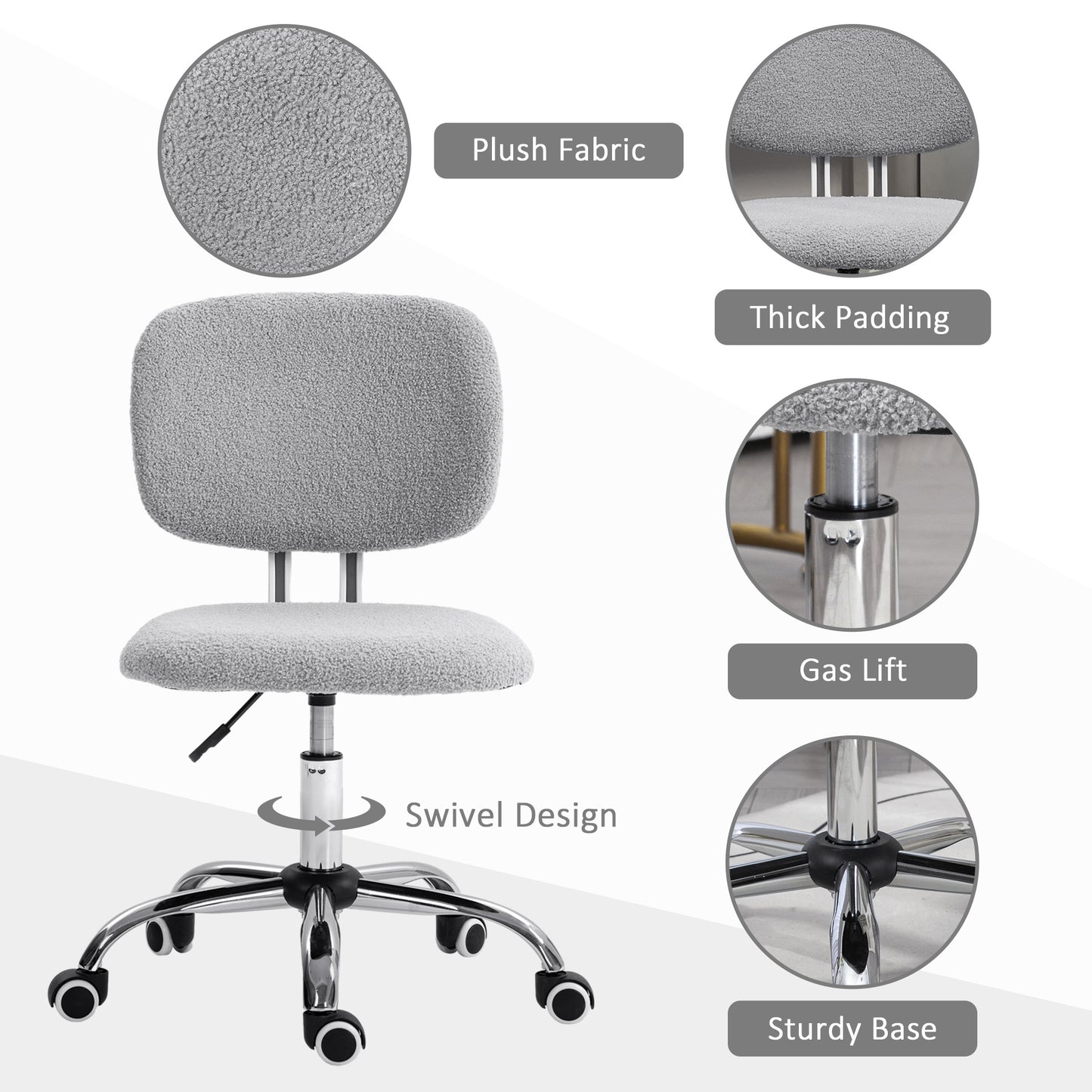 Vinsetto Cute Armless Office Chair, Teddy Fleece Fabric Computer Desk Chair, Vanity Task Chair with Adjustable Height, Swivel Wheels, Mid Back, Light Gray