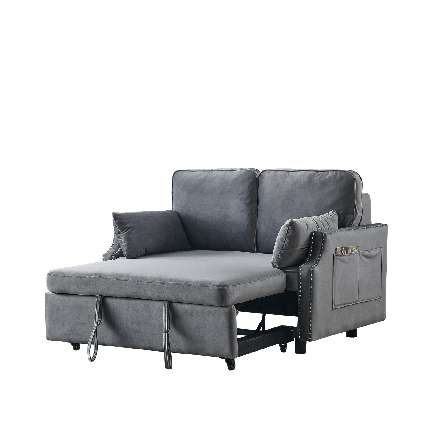 Convertible Velvet Sleeper Sofa Bed with Storage Pockets, 2-Seater with Pull-Out Bed