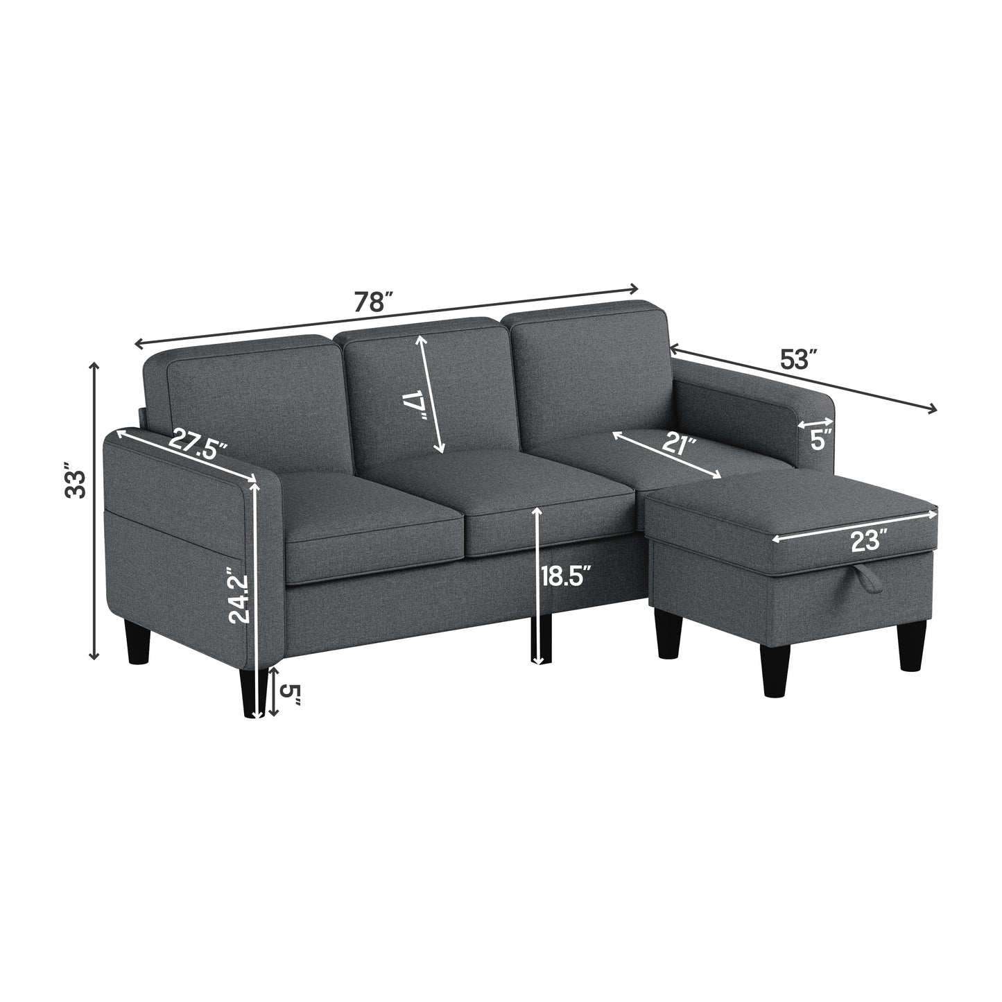 Sofas for families, apartments, dorms, bonus rooms, compact Spaces with lounge lounges, 3 seater, L-shaped design for the chaise, 680 LBS capacity - dark grey