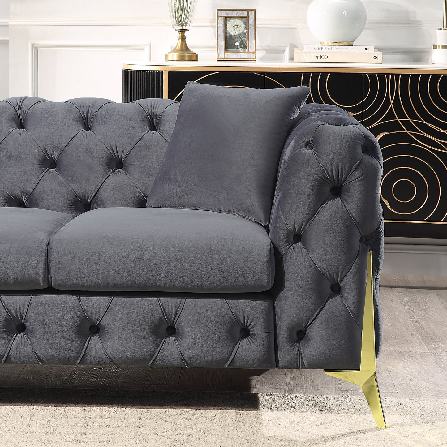 Grey Elegant Velvet Living Room 3-Seater Sofa, Upholstered Sofa