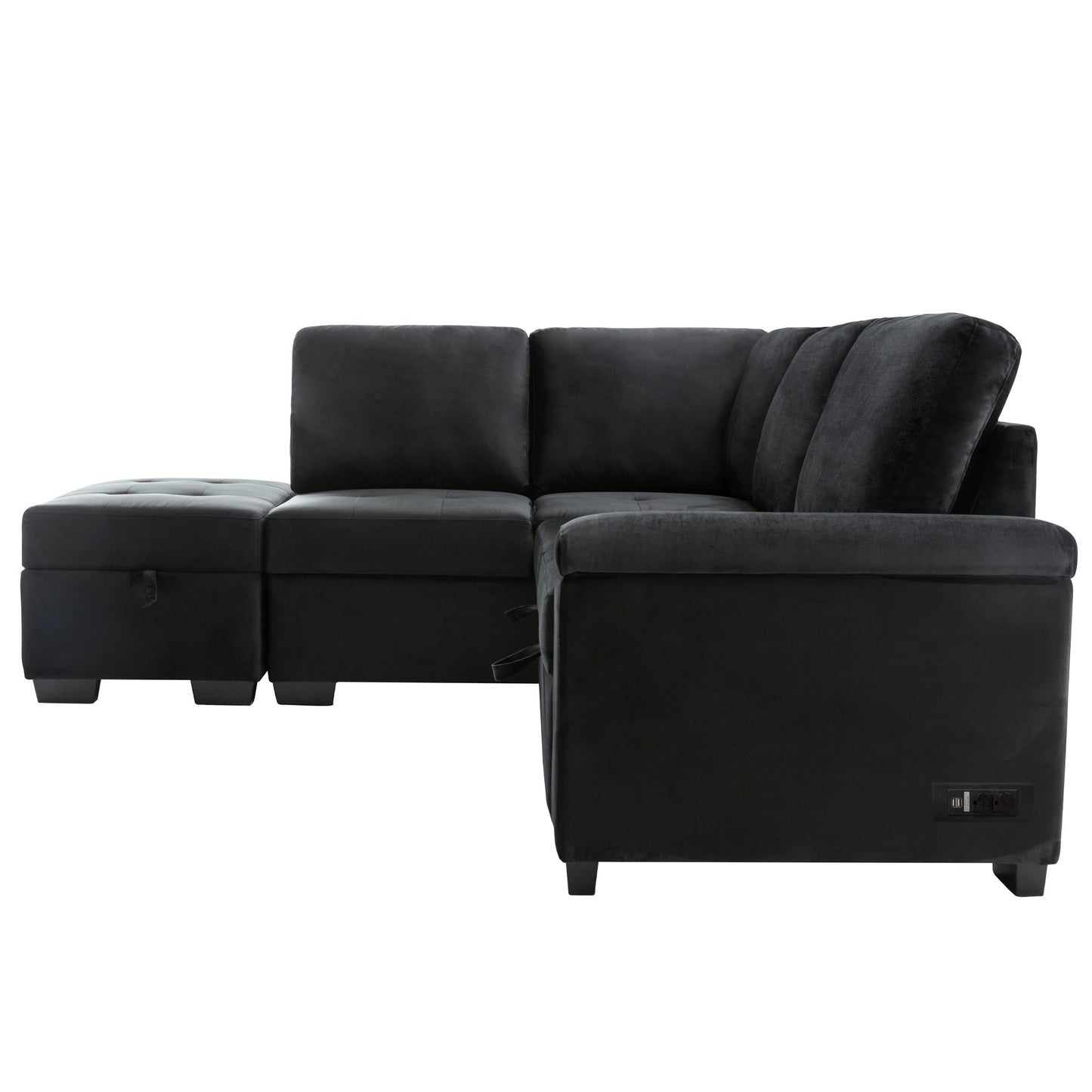 L-Shaped Sleeper Sectional Sofa with Storage Ottoman, USB Charge, and Hidden Arm Storage in Black Velvet