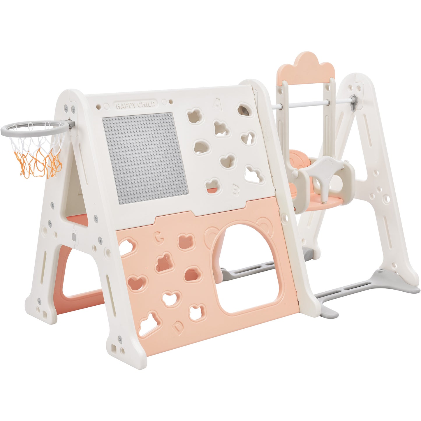 6-in-1 Toddler Climber and Swing Set Kids Playground Climber Swing Playset with Tunnel, Climber, Whiteboard,Toy Building Block Baseplates, Basketball Hoop Combination for Babies