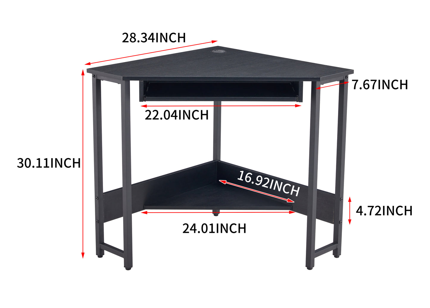 Sleek Black Triangle Desk with Keyboard Tray and Storage Shelves