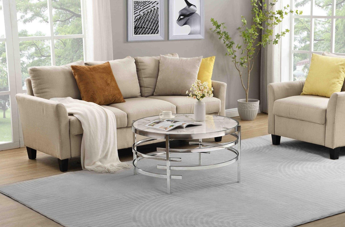 Chrome Round Coffee Table with Sintered Stone Top and Sturdy Metal Frame for Modern Living Room Décor