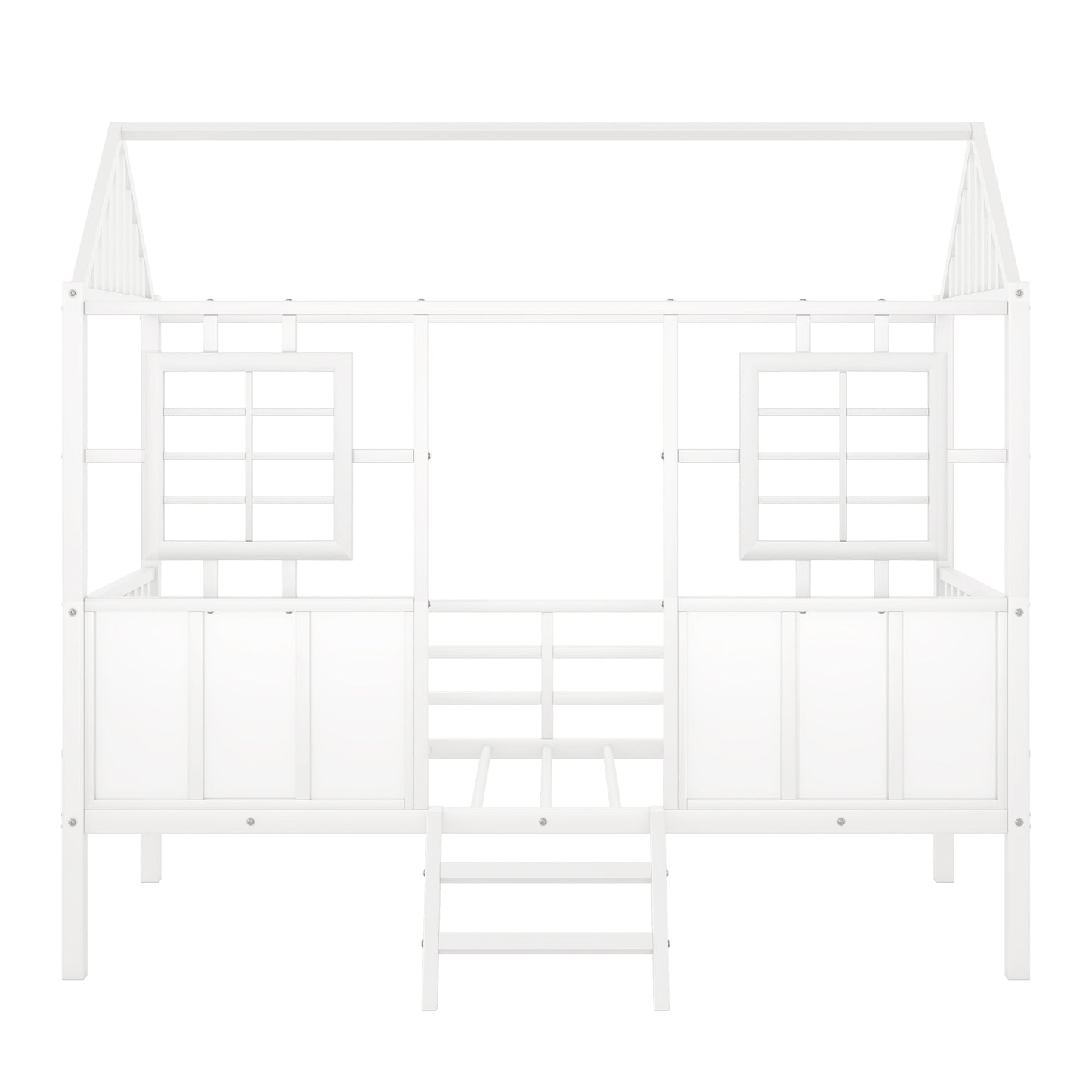 Twin Size Metal Low Loft House Bed with Roof and Two Front Windows , White