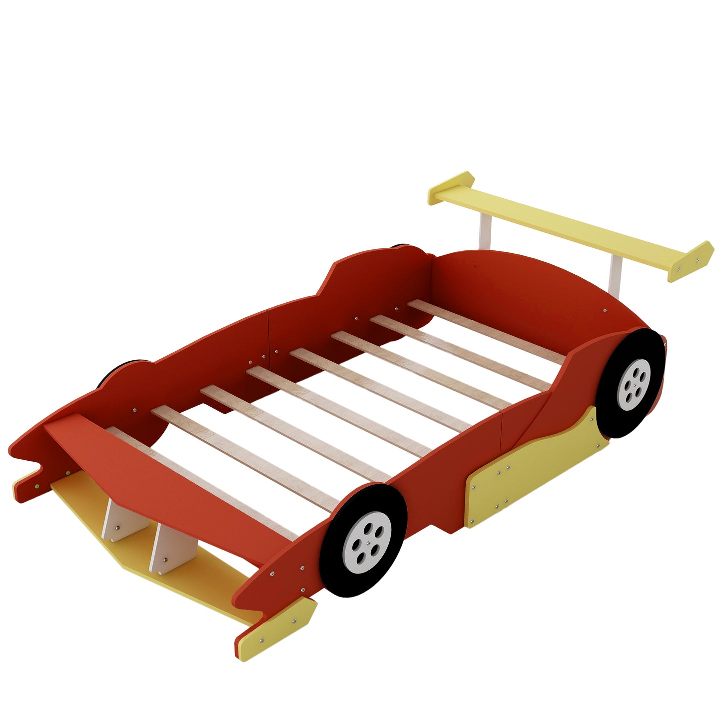 Full Size Race Car-Shaped Platform Bed with Wheels,Red