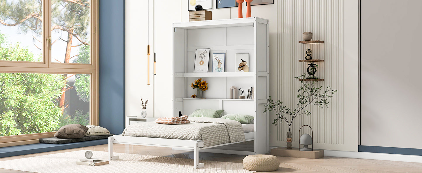 Full Size Murphy Bed Wall Bed with Shelves,White