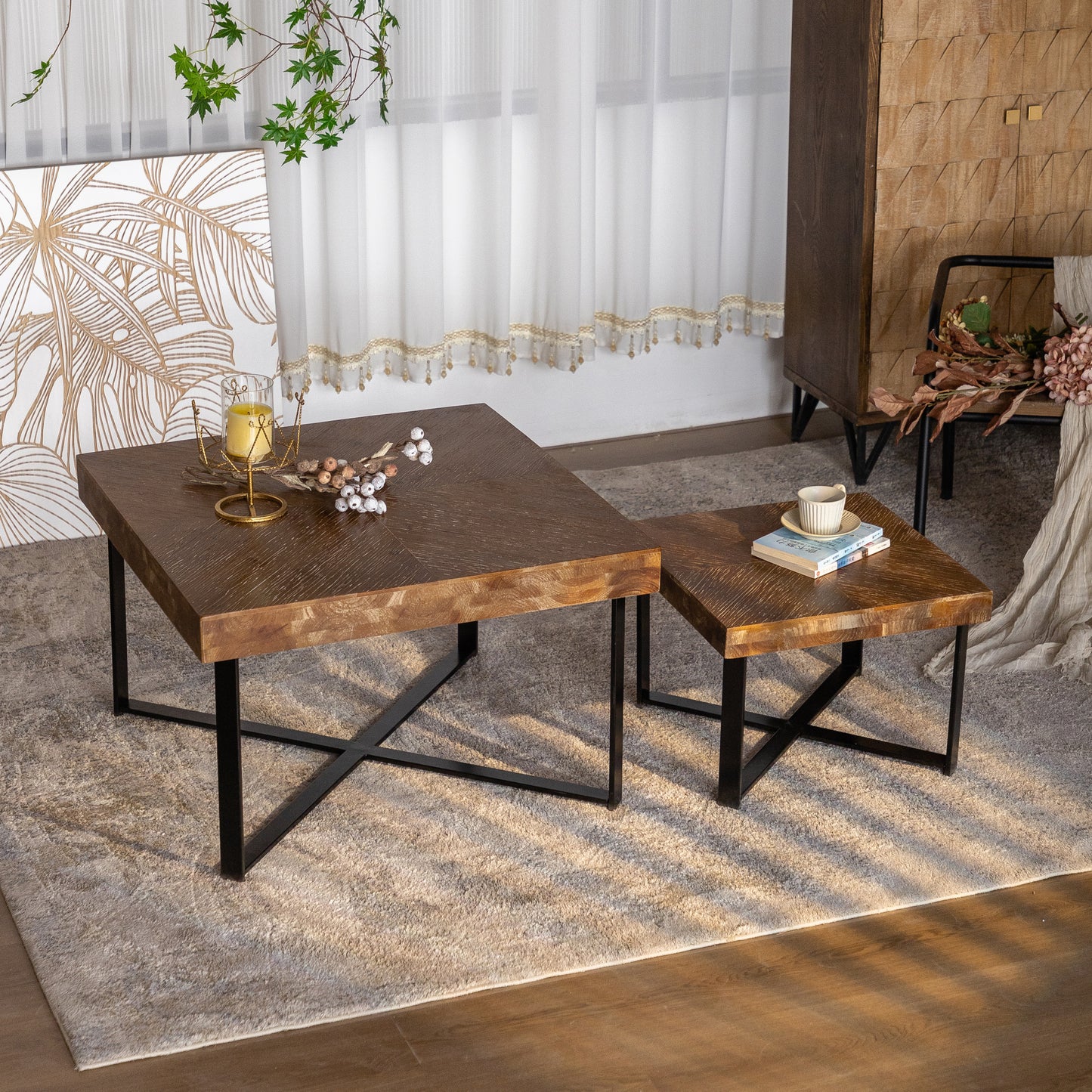 Modern Retro Fir Wood Coffee Table Set - Square Design with Cross Legs Metal Base