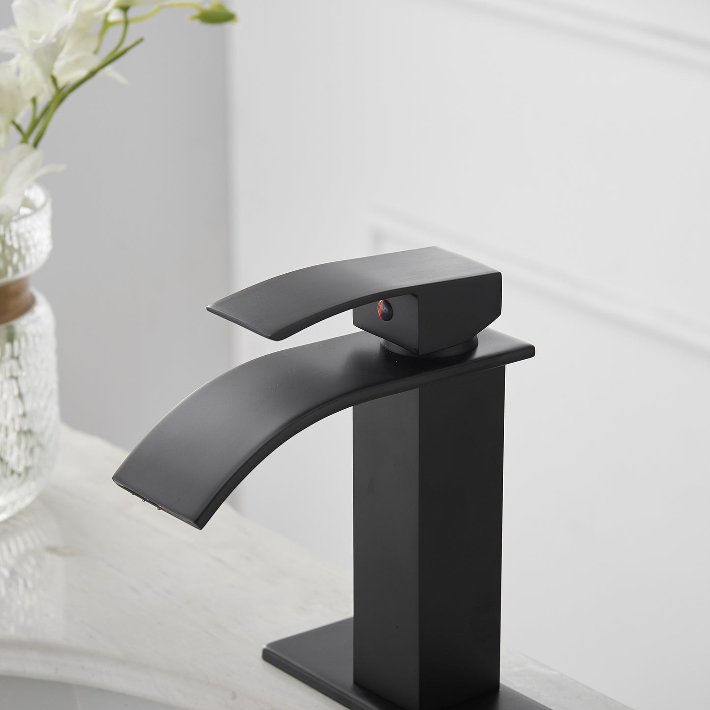 Matte Black Single-Handle Waterfall Bathroom Faucet with Supply Line - Low-Arc