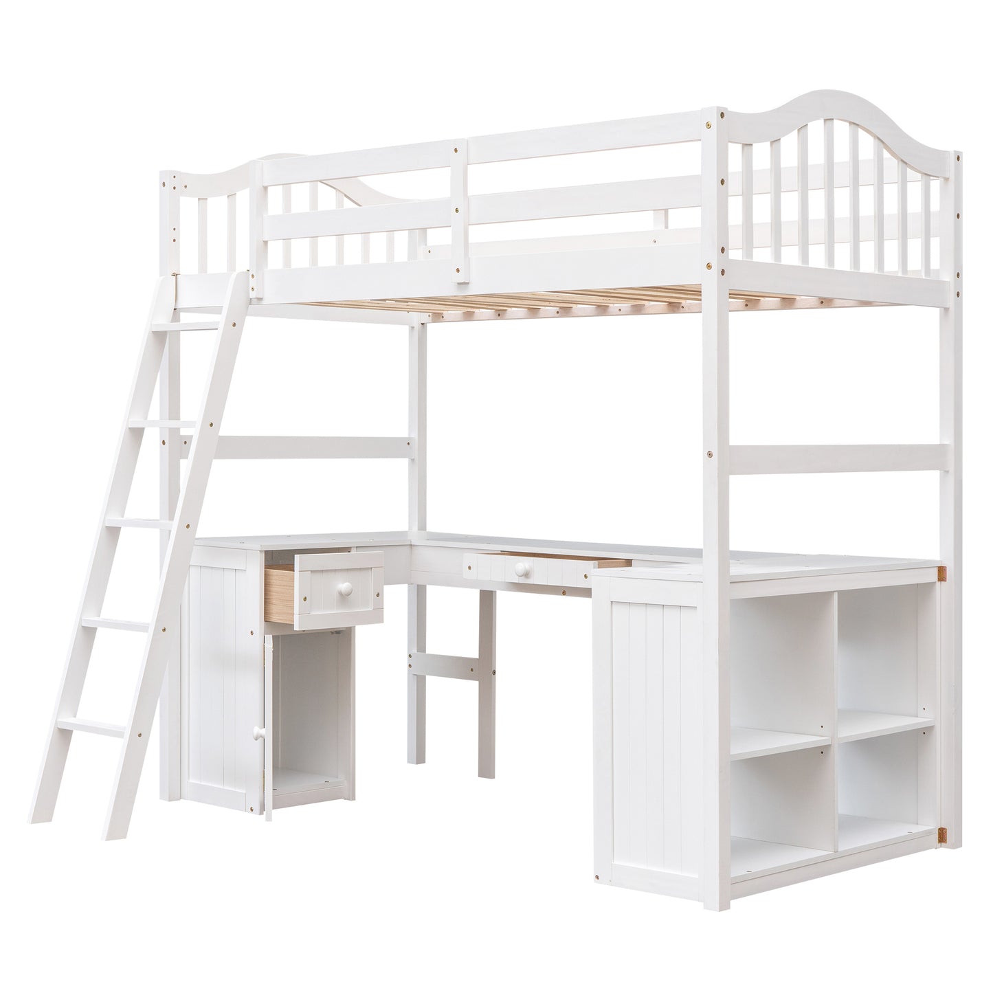 Twin size Loft Bed with Drawers, Cabinet, Shelves and Desk, Wooden Loft Bed with Desk - White( :LT000505AAK)