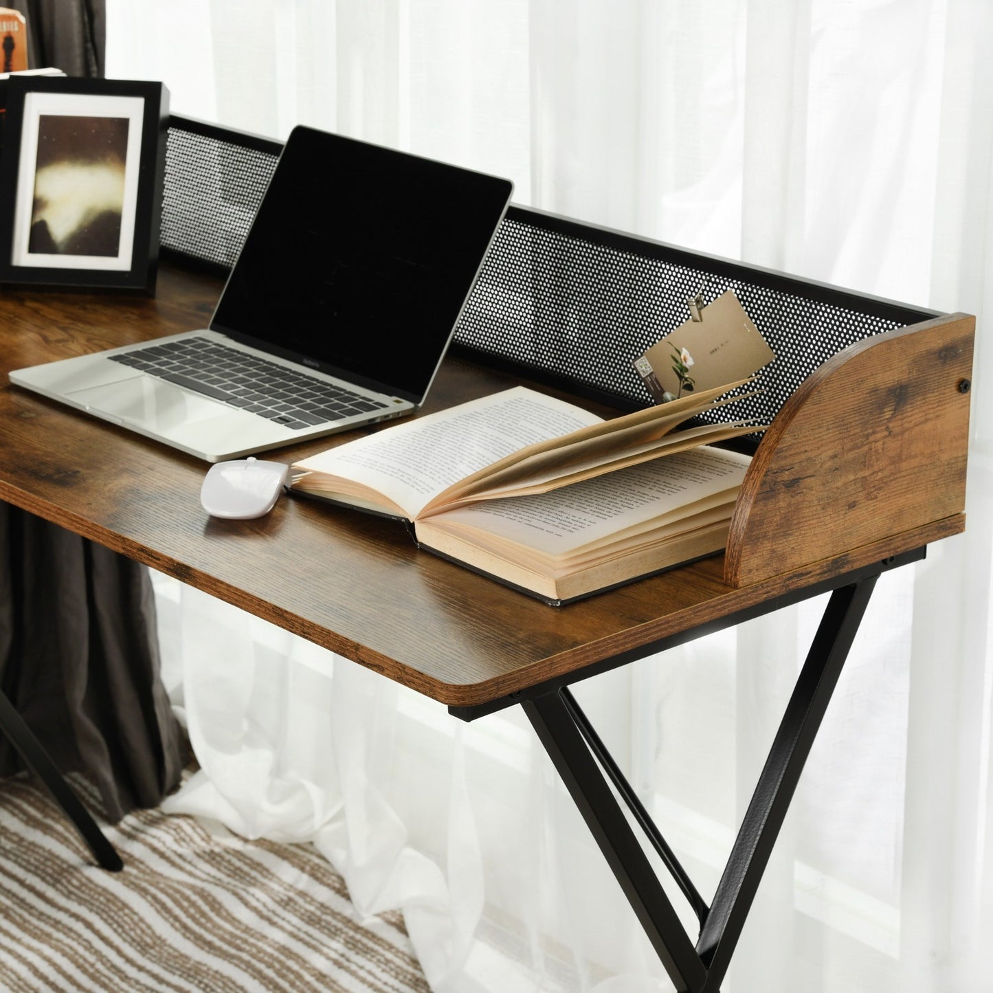 Sleek Black Computer Desk with X-Shaped Metal Legs and Spacious Work Surface