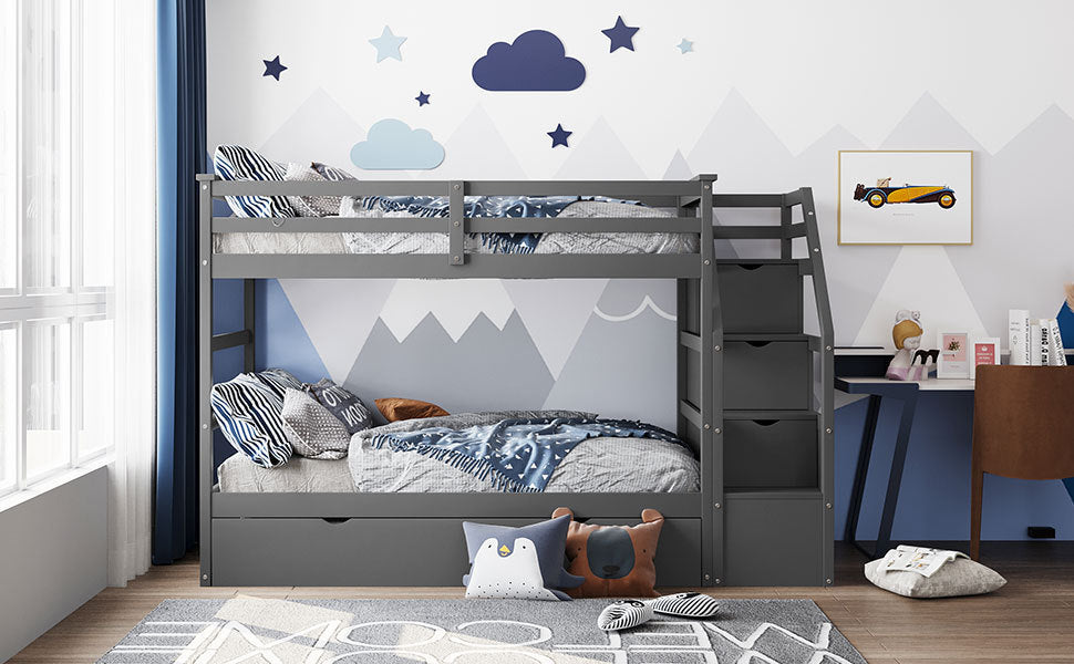 Versatile Gray Twin Bunk Bed with Trundle and Staircase