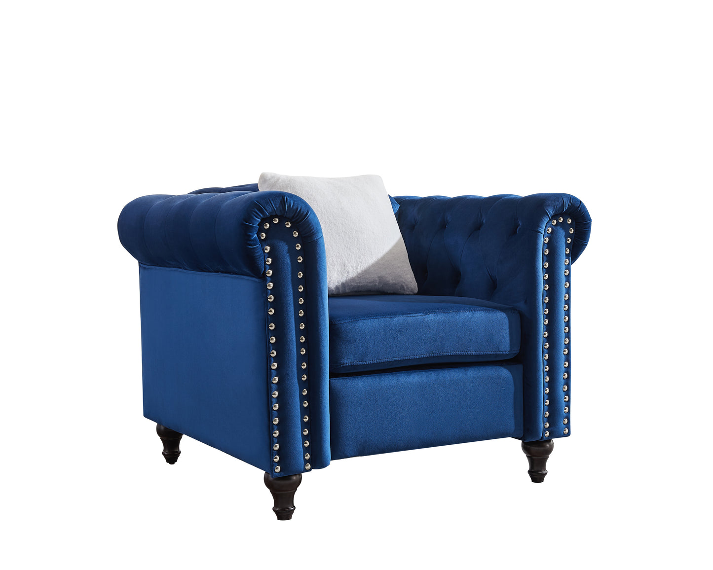 Blue Velvet 3 Piece Living Room Sofa Set with Button Tufting and Copper Nail Accents