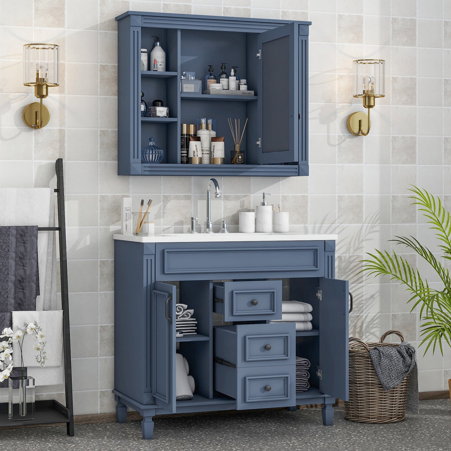 36'' Bathroom Vanity with Top Sink, Royal Blue Mirror Cabinet, Modern Bathroom Storage Cabinet with 2 Soft Closing Doors and 2 Drawers, Single Sink Bathroom Vanity