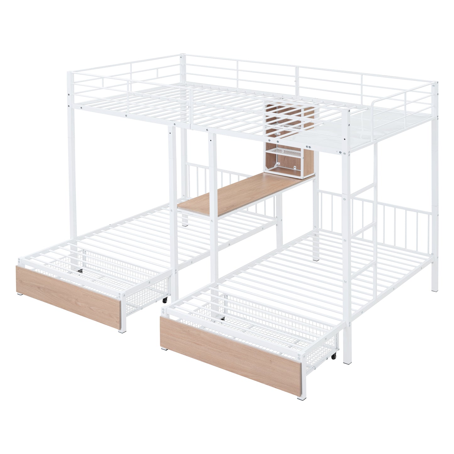 Triple Bunk Bed with White Metal Convertible Desk and Shelves