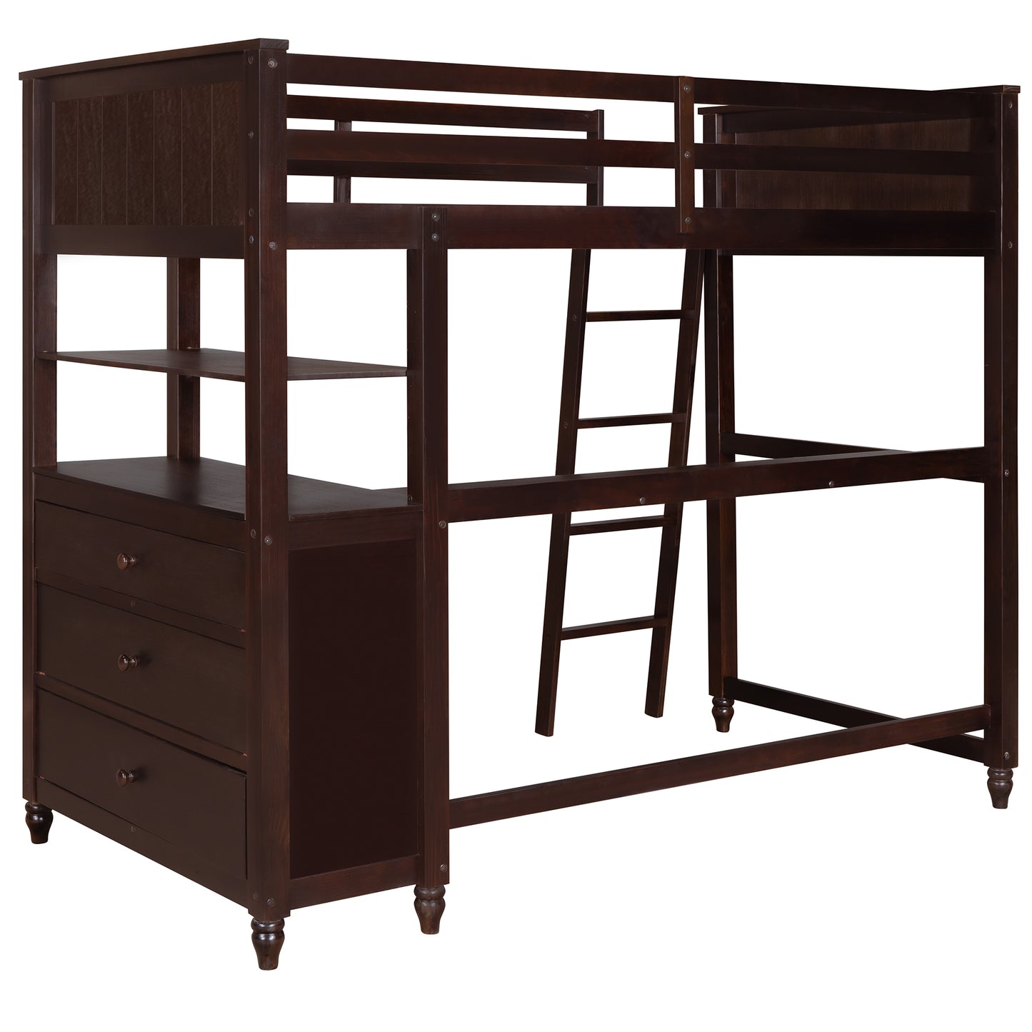 Twin size Loft Bed with Drawers and Desk, Wooden Loft Bed with Shelves - Espresso(: LT001530AAP)