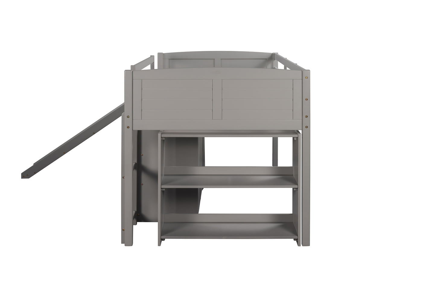 Low Twin Size Loft Bed with Cabinets, Shelves and Slide - Gray