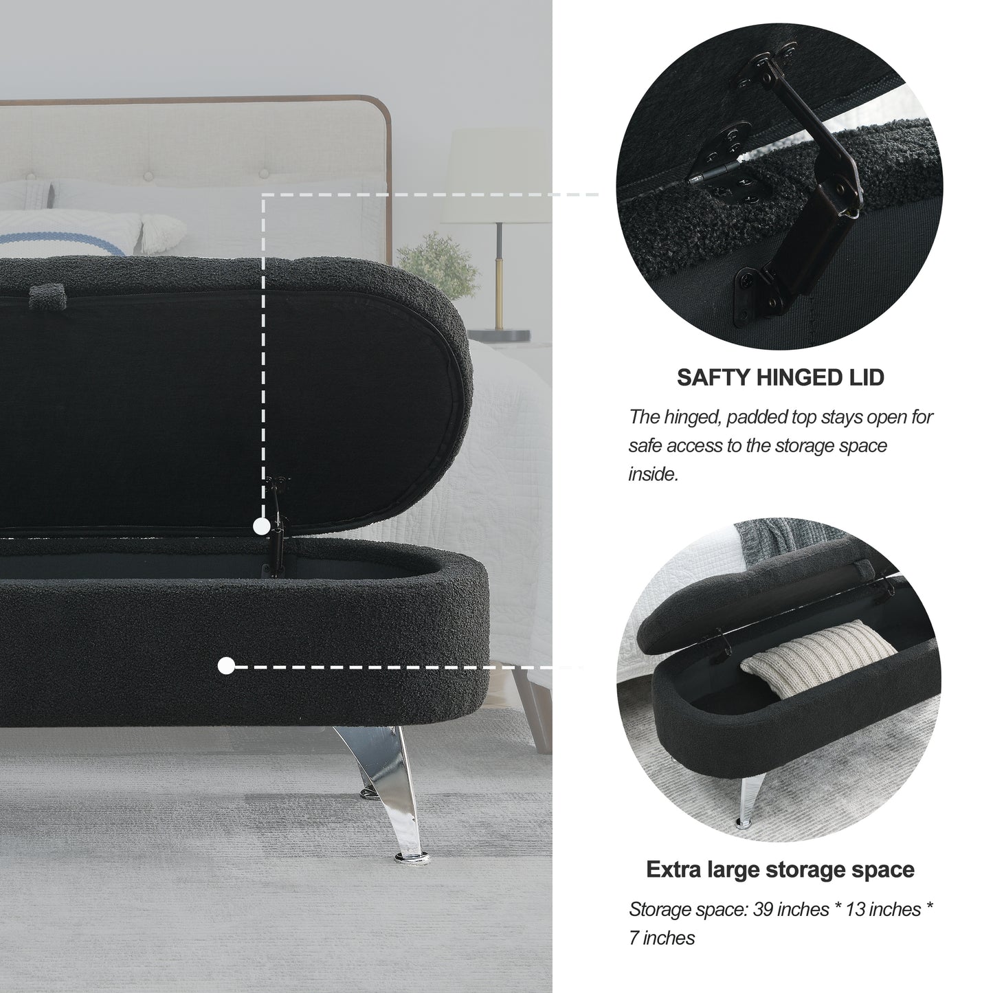 [Video] Welike Length 45.5 inches Storage Ottoman Bench Upholstered Fabric Storage Bench End of Bed Stool with Safety Hinge for Bedroom, Living Room, Entryway, Black teddy.