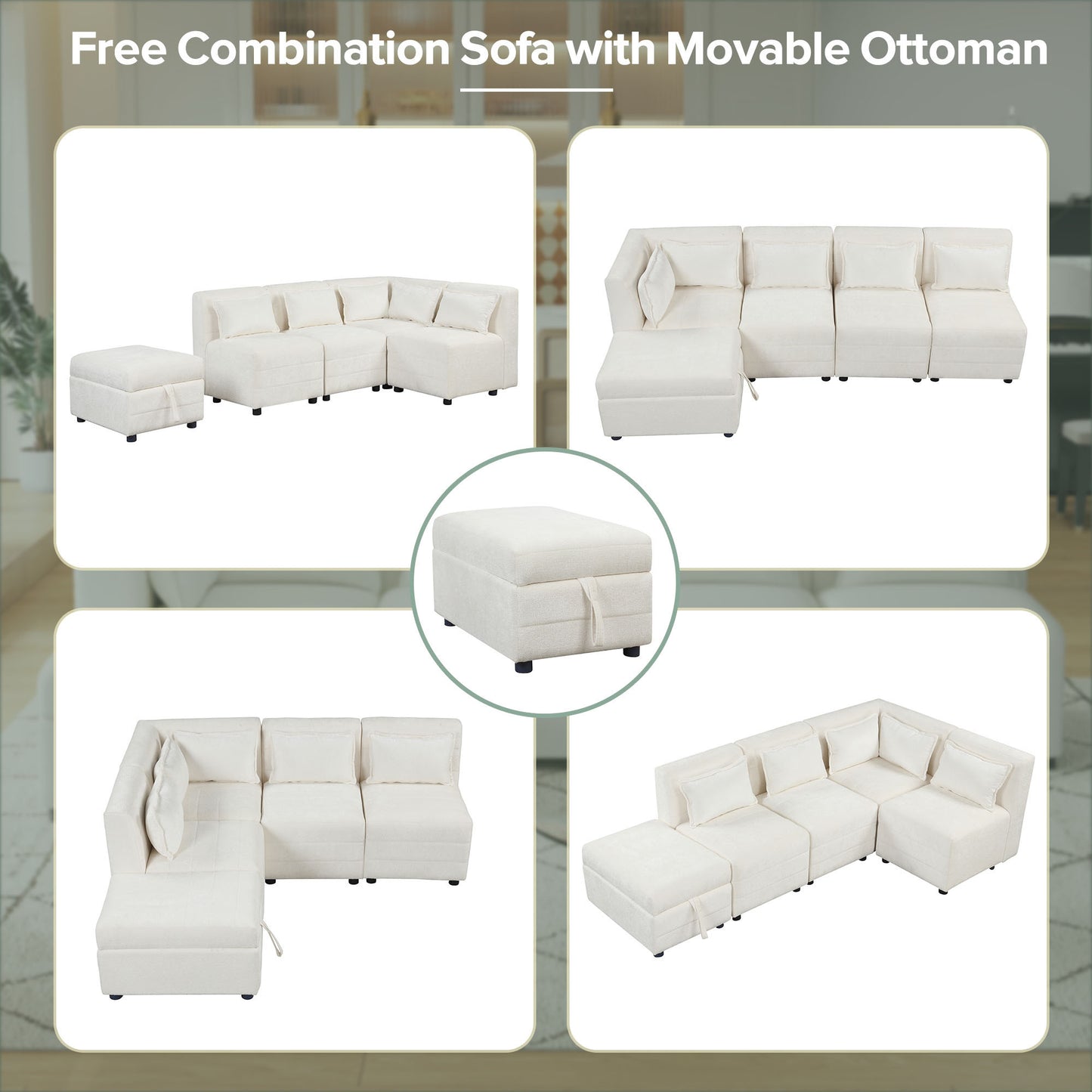 Cream 5-Seater Modular Sectional Sofa with Storage Ottoman and 5 Pillows