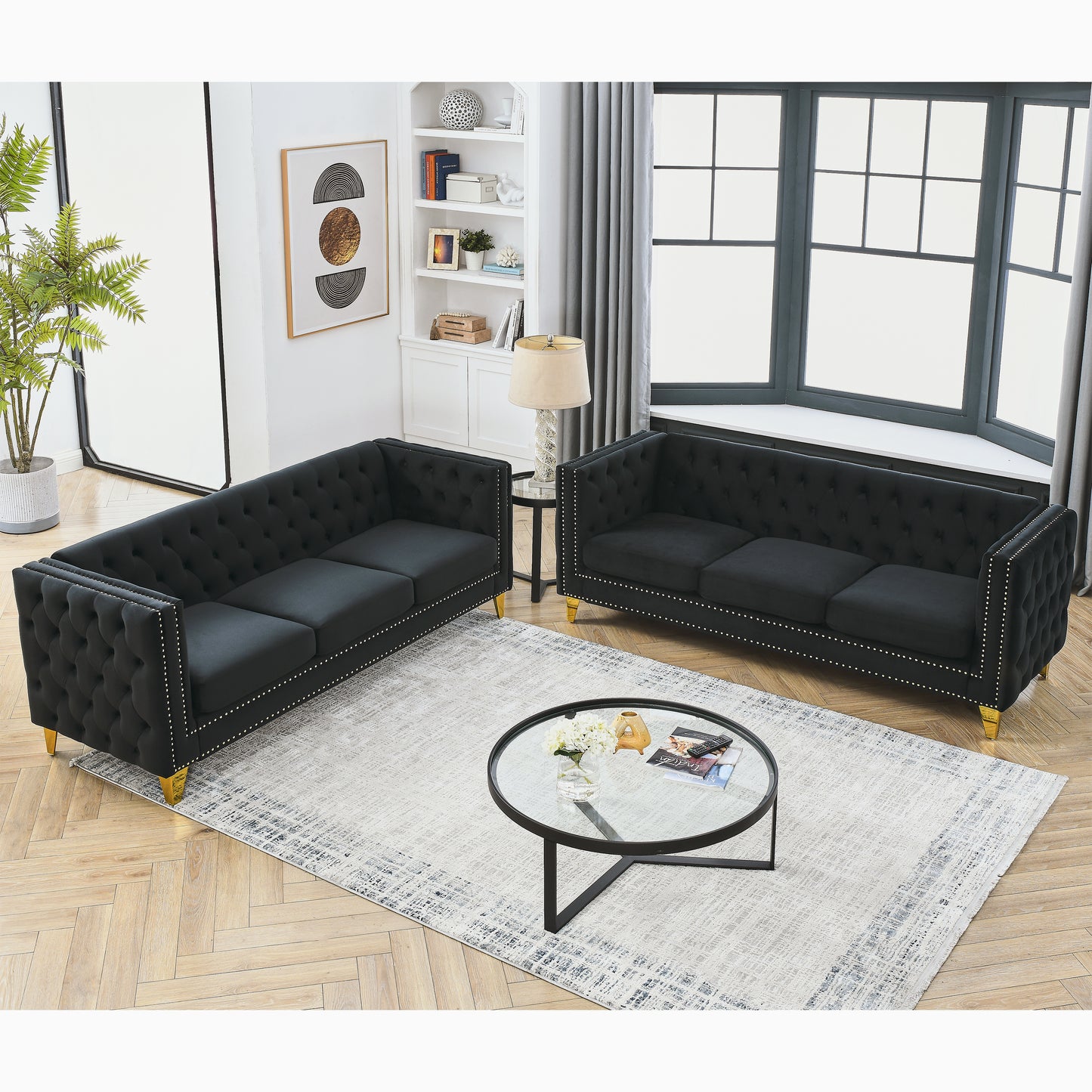 Velvet Sofa for Living Room,Buttons Tufted Square Arm Couch, Modern Couch Upholstered Button and Metal Legs, Sofa Couch for Bedroom, Black Velvet ,2PCS