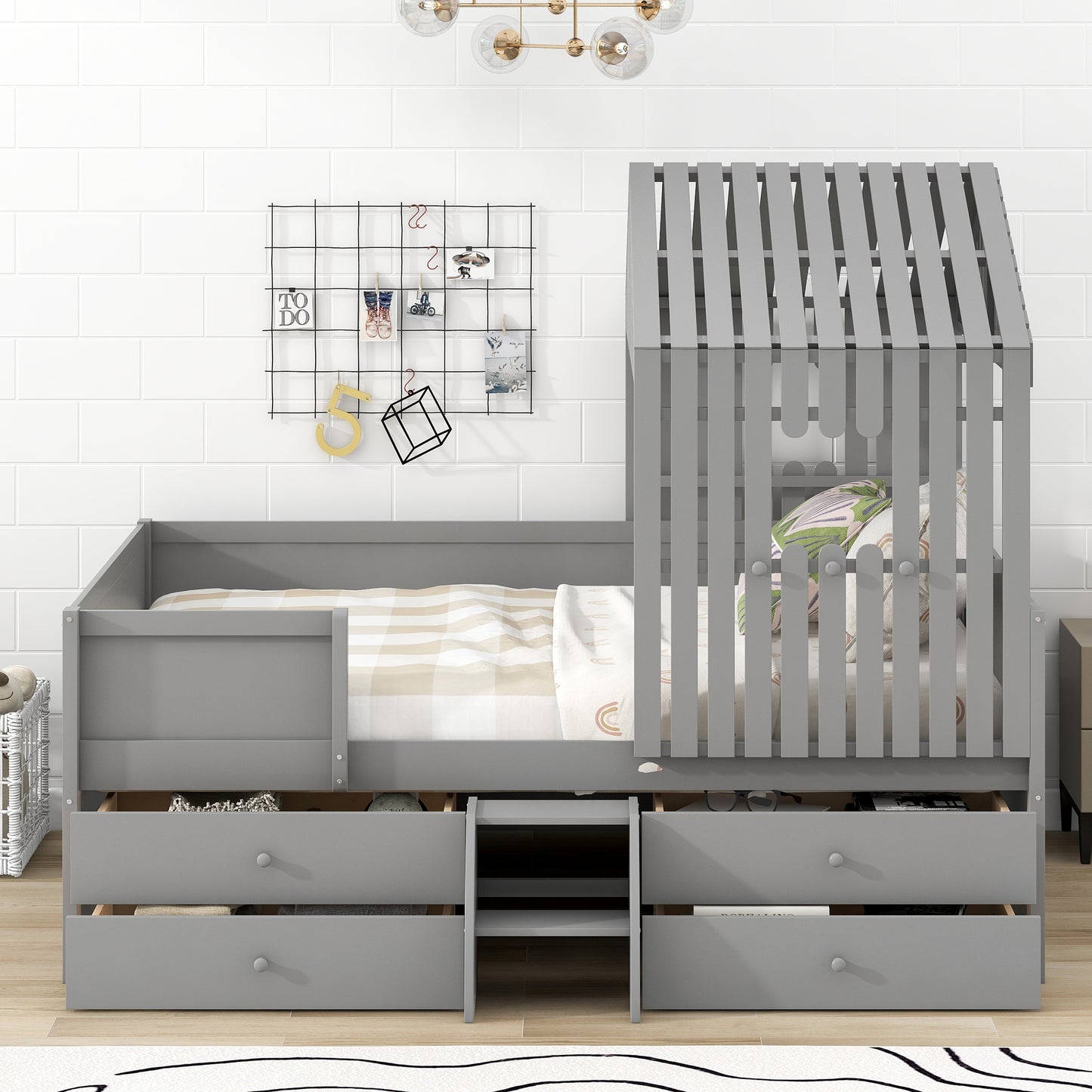 Full Size House Low Loft Bed with Four Drawers,Gray