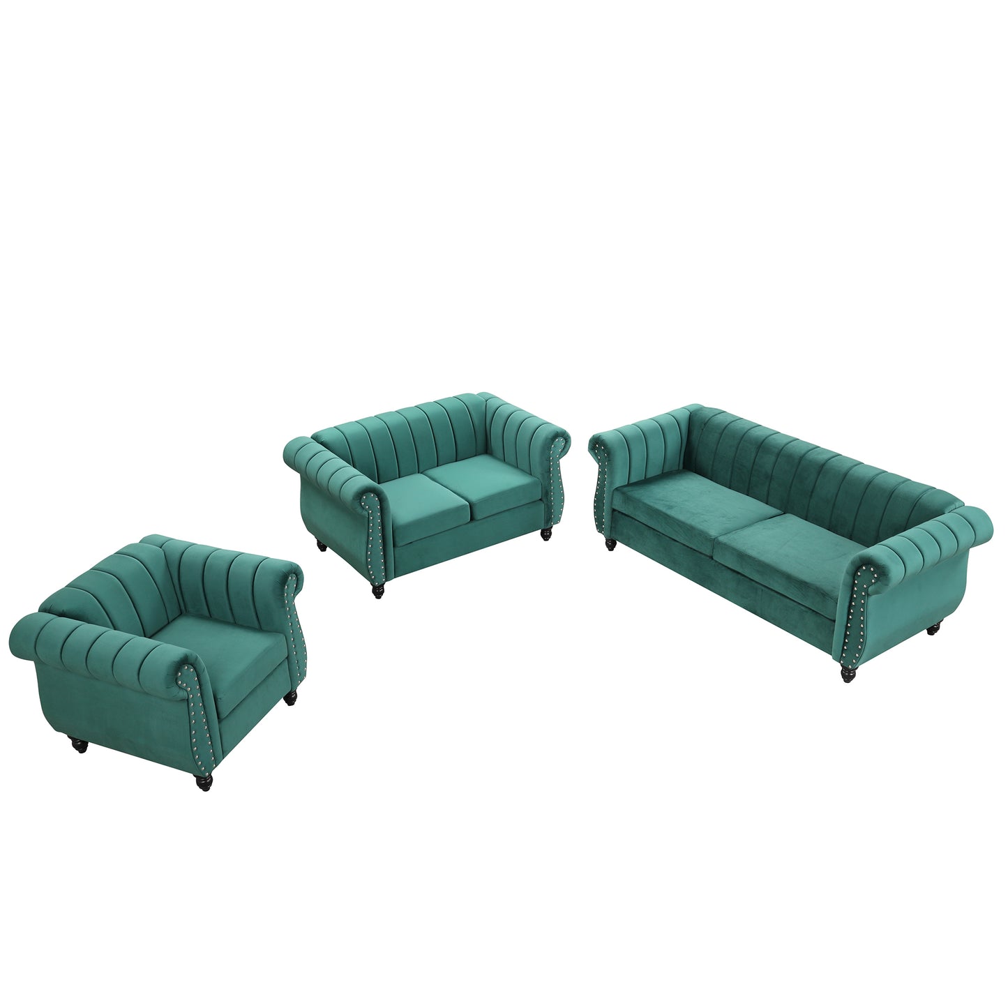 Modern three-piece sofa set with solid wood legs, buttoned tufted backrest, frosted velvet upholstered sofa set including three-seater sofa, double seater and living room furniture set Single chair,