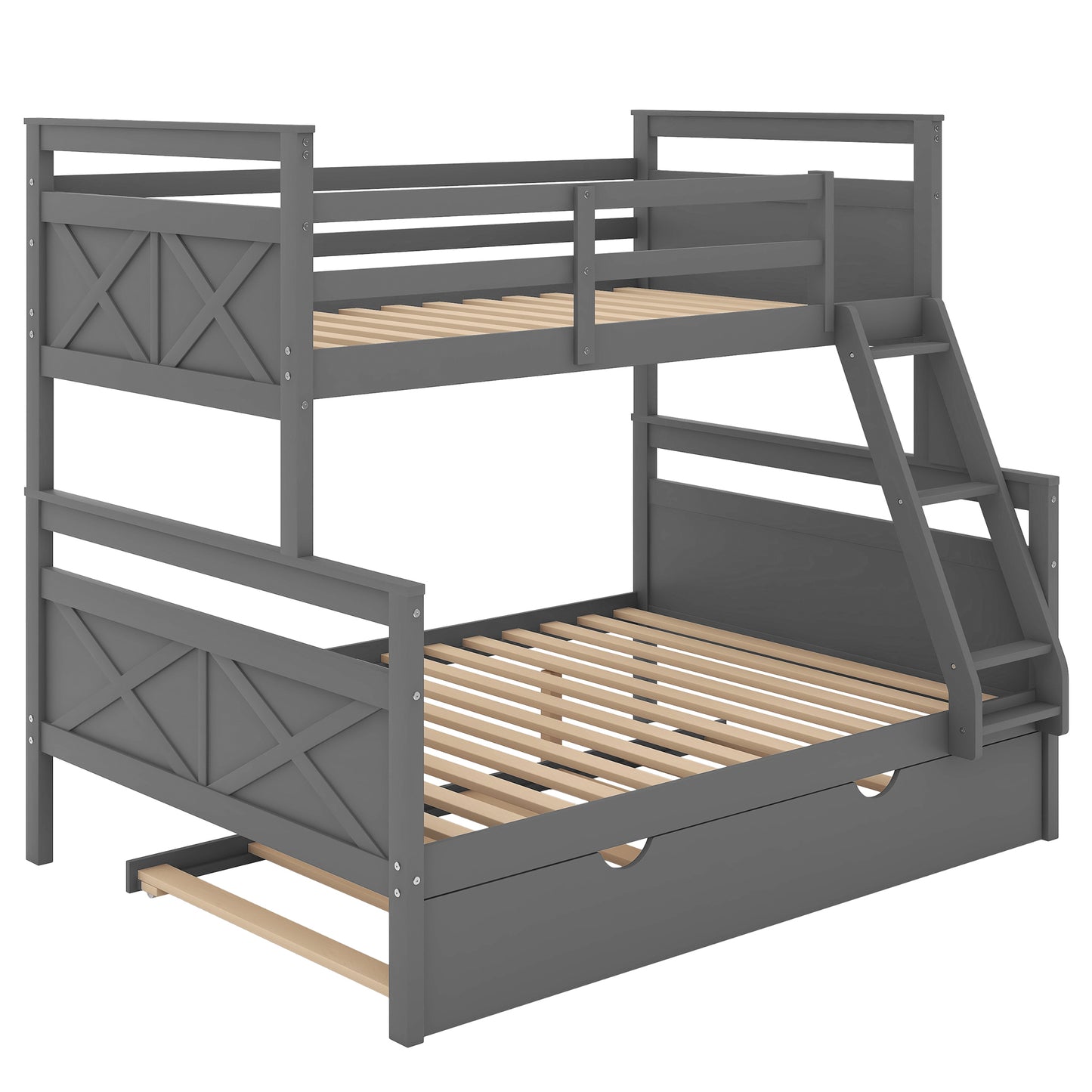 Triple Sleeper Bunk Bed with Trundle, Guardrail, Ladder, and Gray Finish