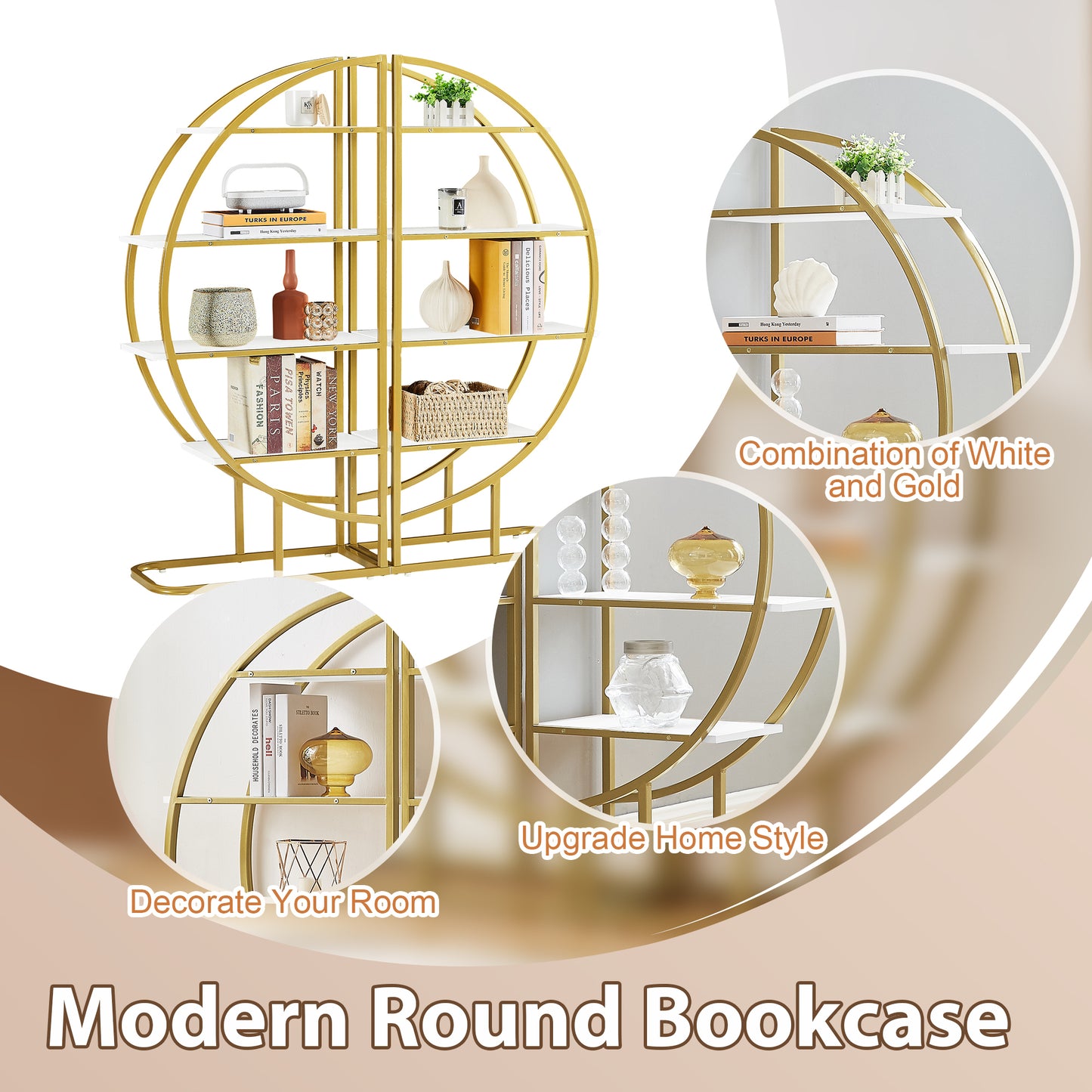 4 Tiers Home Office Open Bookshelf, Round Shape, Different Placement Ways, MDF Board, Gold Metal Frame, White