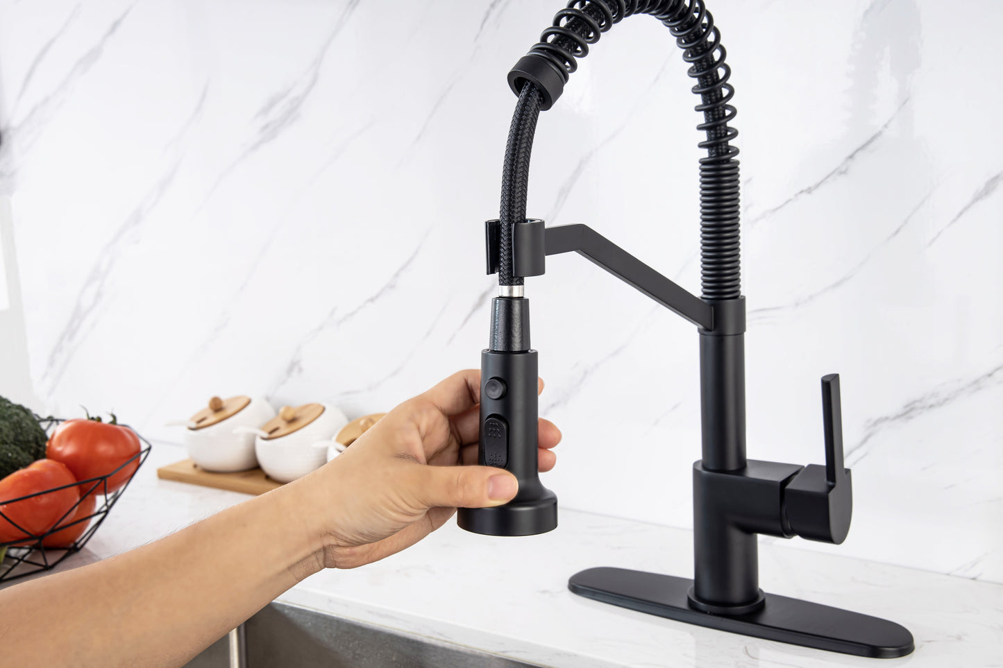 Kitchen Faucet, Kitchen Faucets with Pull Down Sprayer WEWE Sus304 Stainless Steel Matte Black Industrial Single Handle One Hole Or 3 Hole Faucet for Farmhouse Camper Laundry Utility Rv Wet Bar Sinks