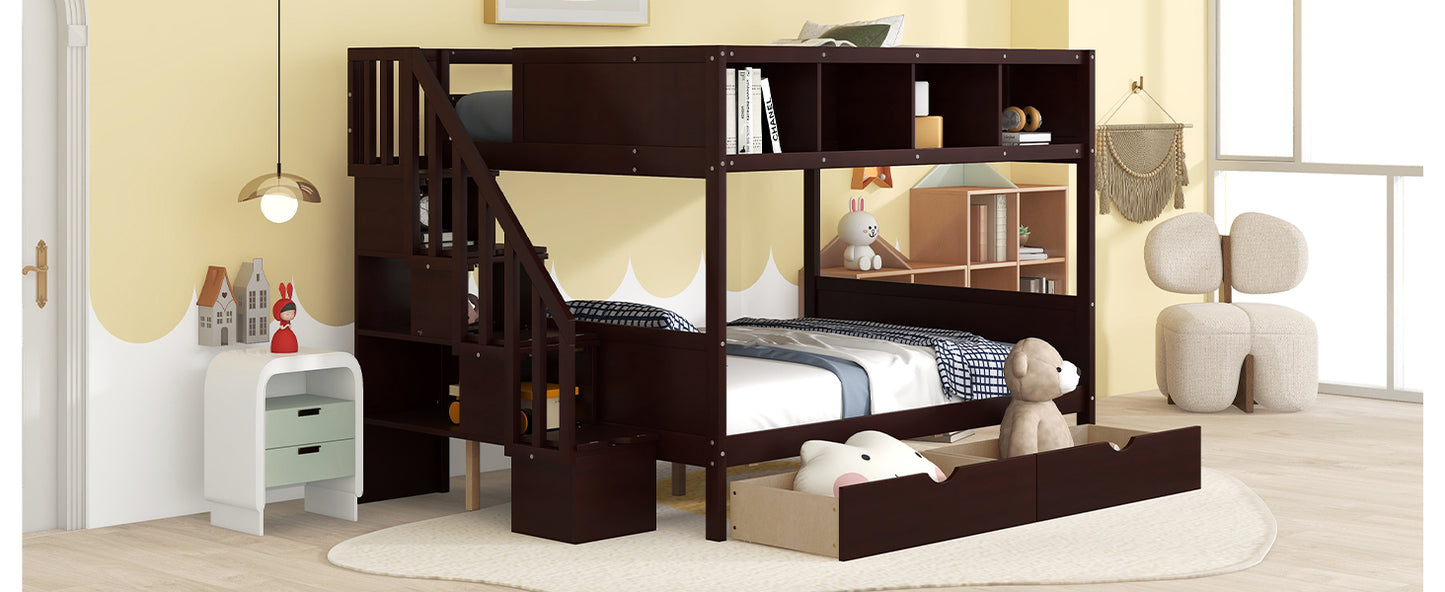 Espresso Finish Twin over Full Bunk Bed with Storage Staircase, Shelves, and 2 Drawers