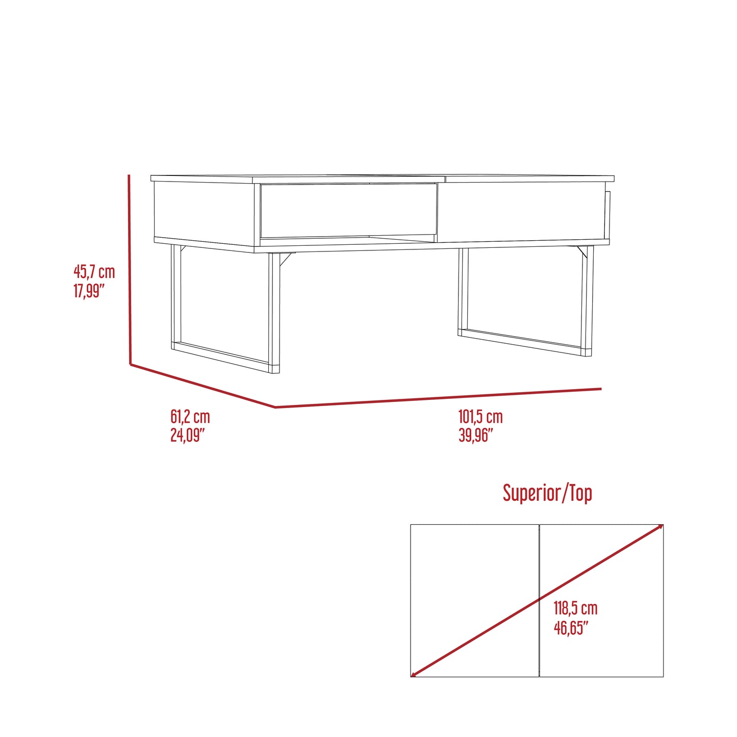 Rectangular Dark Walnut Coffee Table with Liftable Top and Drawer