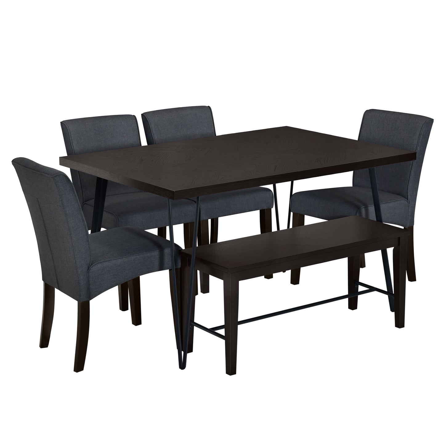 Modern 6-Piece Dining Table Set with V-Shape Metal Legs, Wood Kitchen Table Set with 4 Upholstered Chairs and Bench for 6,Espresso