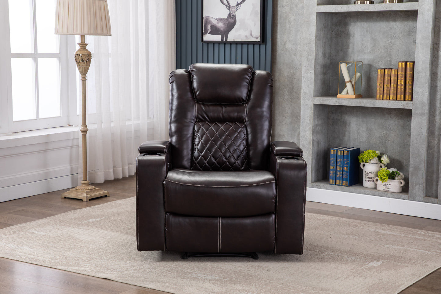 Luxurious PU Recliner with Built-In Cup Holders, Storage, and USB Port