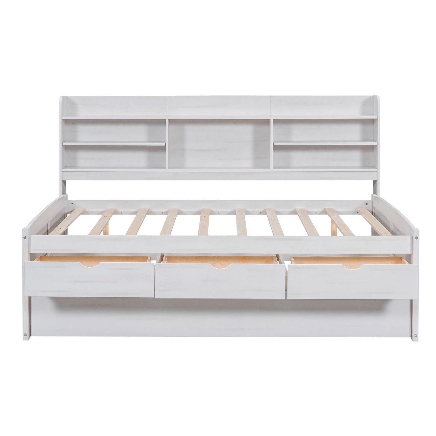 Full Size Wooden Captain Bed with Built-in Bookshelves,Three Storage Drawers and Trundle,White