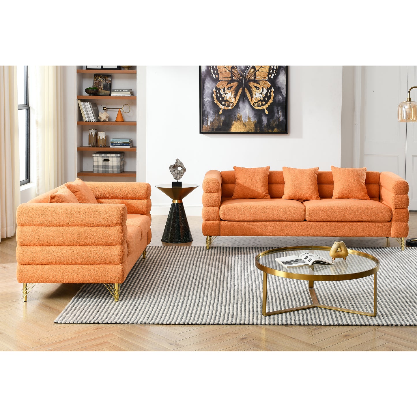 Art Deco Inspired 3-seater + 2-seater Combination Sofa in Orange Teddy Fabric