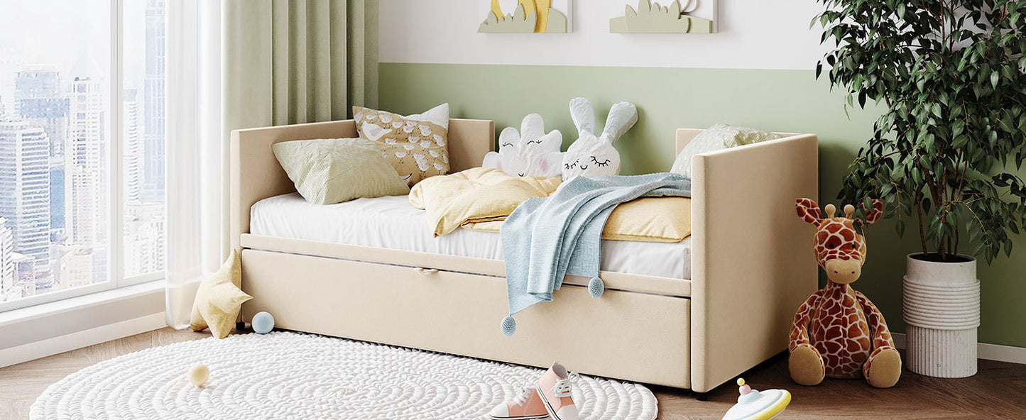 Twin Size Upholstered daybed with Pop Up Trundle, Beige