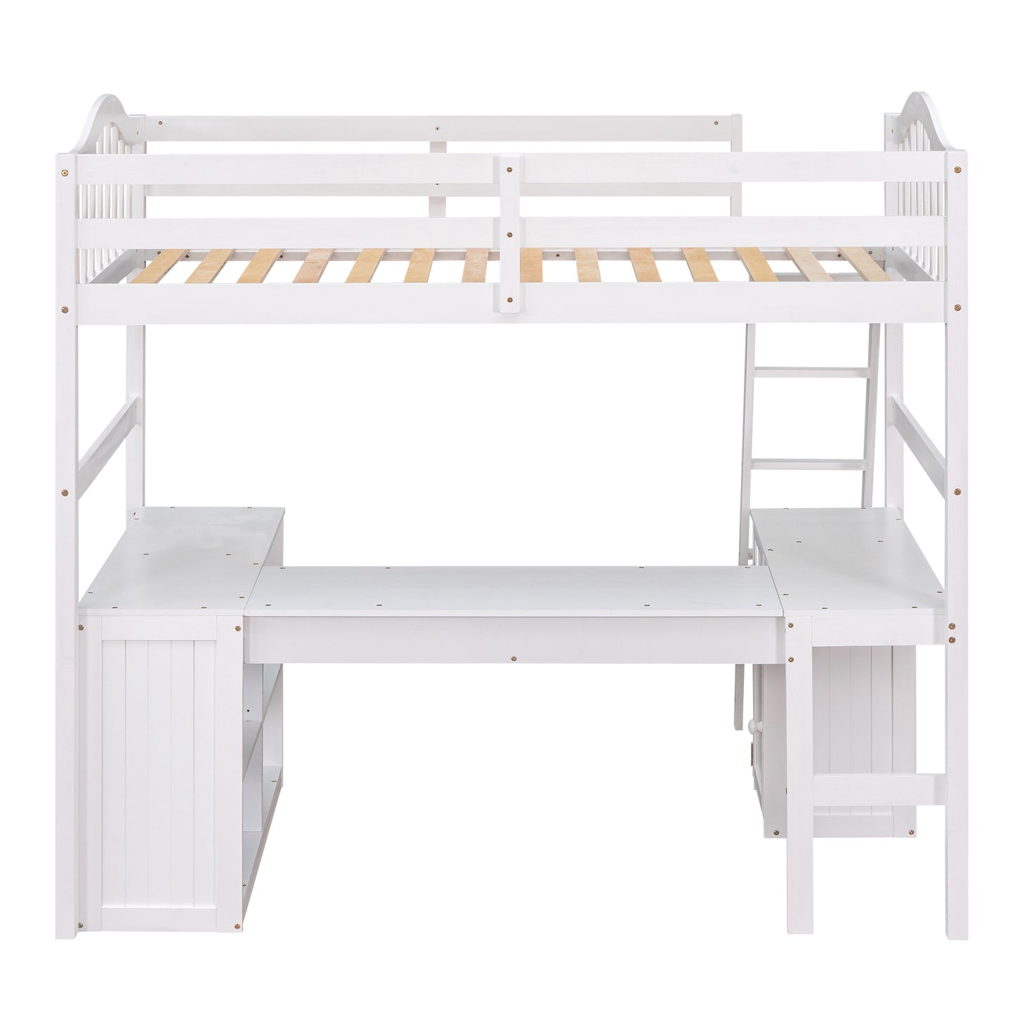 Twin size Loft Bed with Drawers, Cabinet, Shelves and Desk, Wooden Loft Bed with Desk - White( :LT000505AAK)