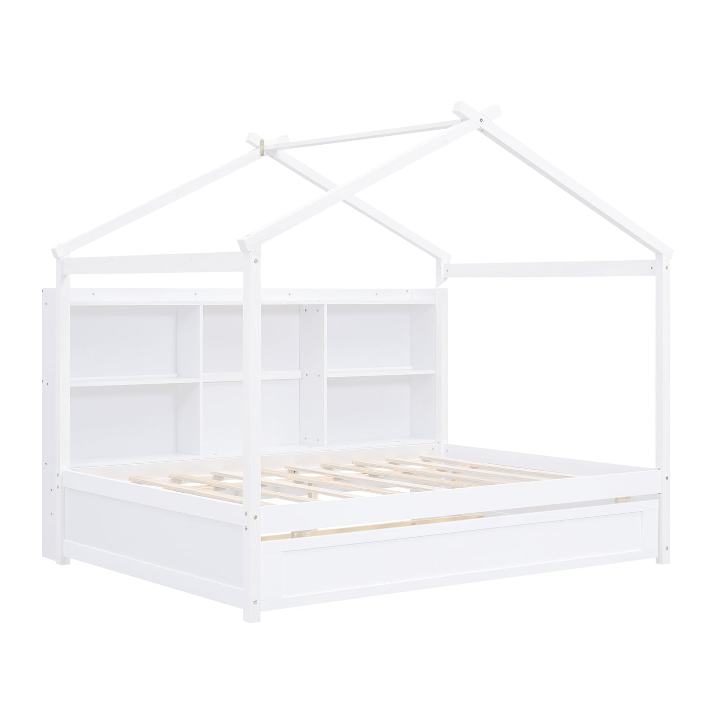 Full Size House Bed with Storage Shelves and Twin Size Trundle, Brushed White