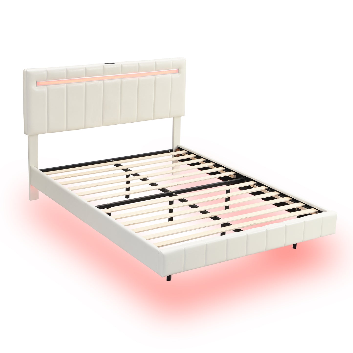 Full Size Floating Bed Frame with LED Lights and USB Charging,Modern Upholstered Platform LED Bed Frame,White(Full)