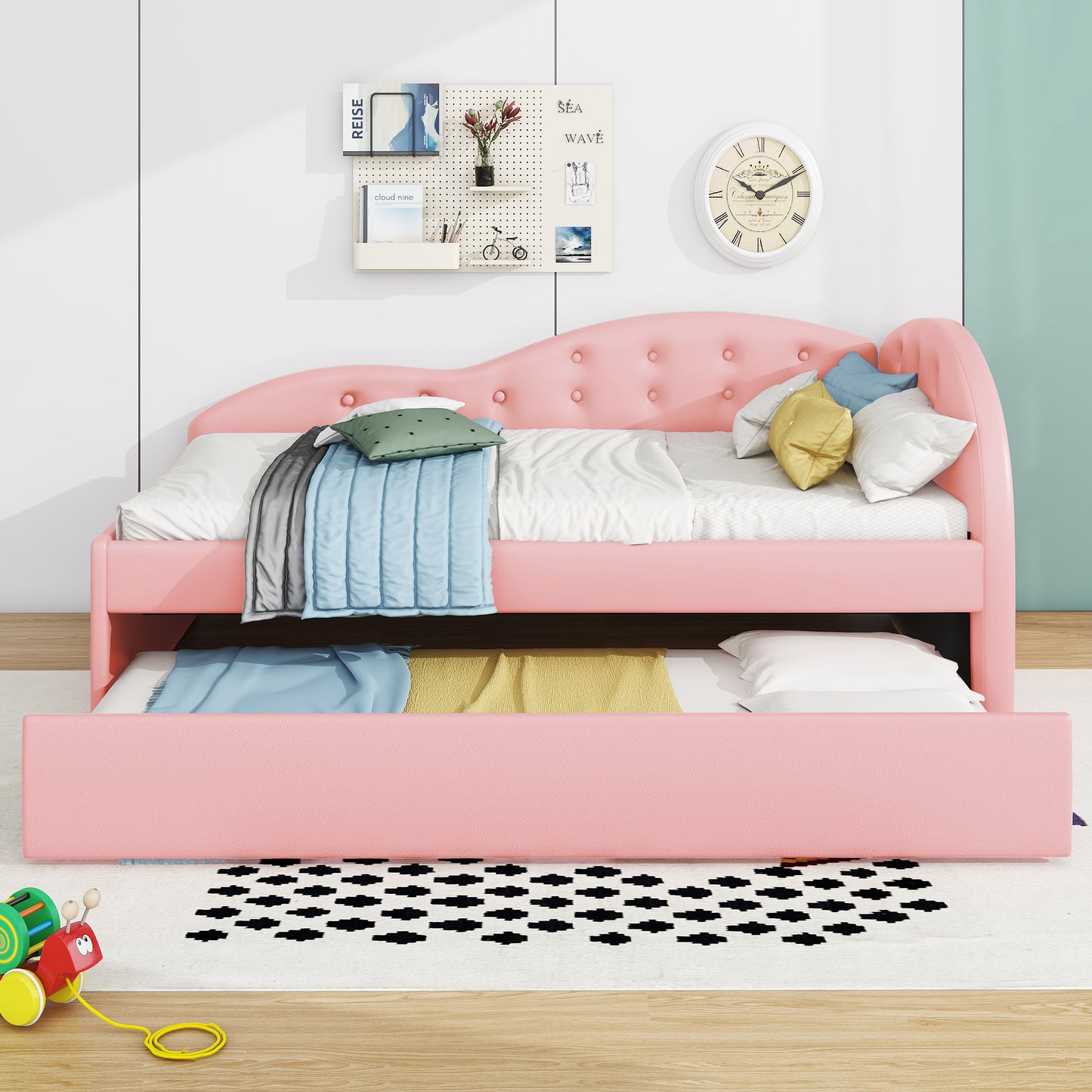 Twin Size PU Upholstered Tufted Daybed with Trundle and Cloud Shaped Guardrail, Pink