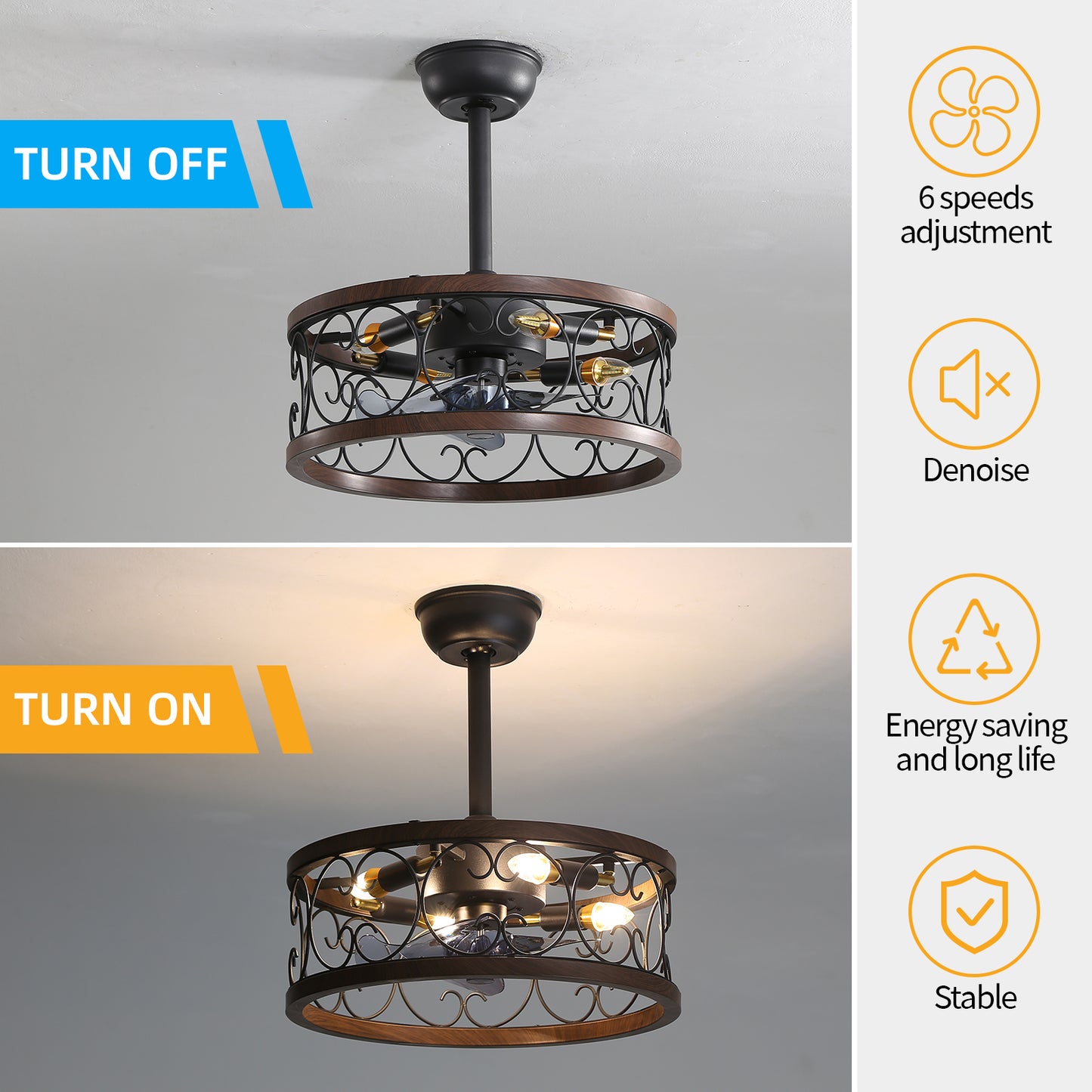 18 Retro Style Ceiling Fan with Caged Lights and Remote Control