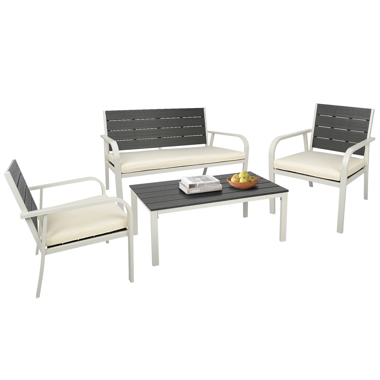 4-Piece White Outdoor Patio Furniture Set with Wood Grain Design