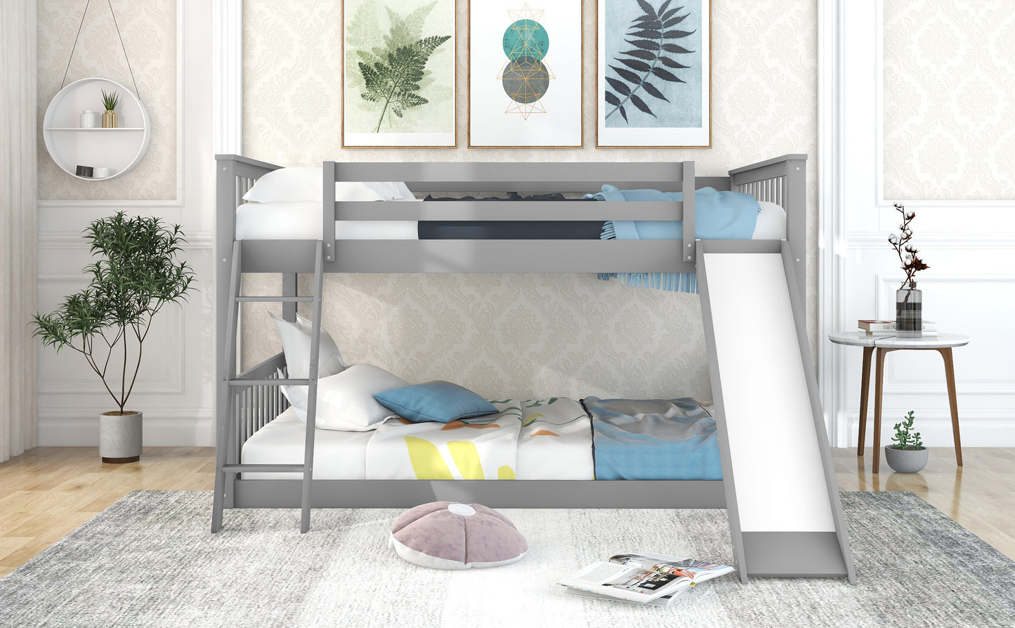 Gray Full Bunk Bed with Slide, Reversible Ladder, and Modern Design