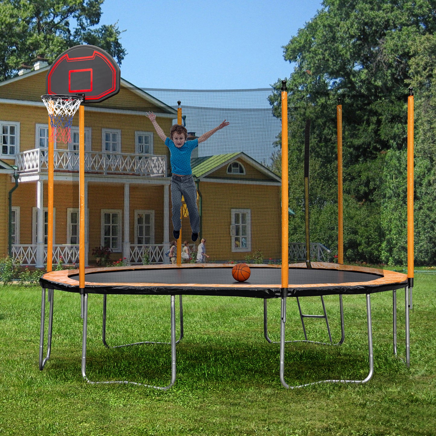 15FT Trampoline with Basketball Hoop Inflator and Ladder(Inner Safety Enclosure) Orange