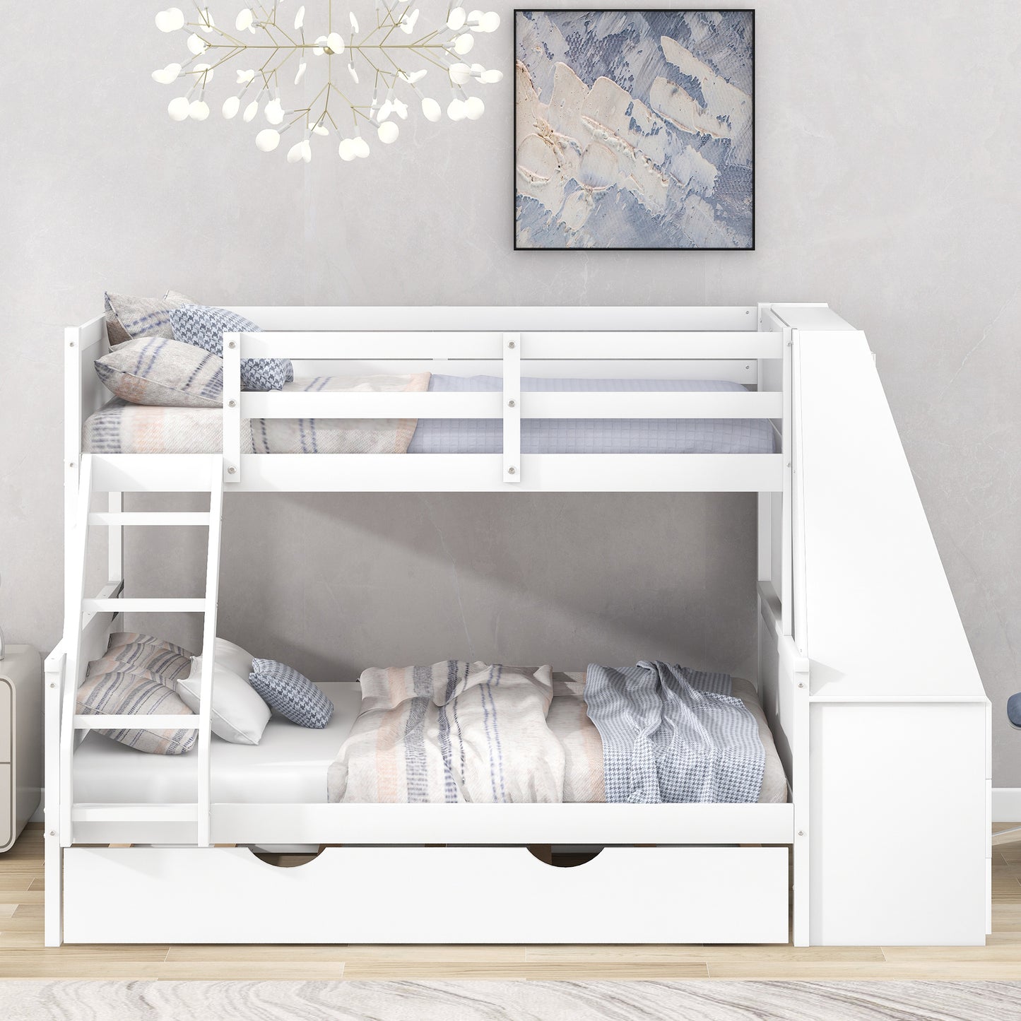 Space-Saving Twin over Full Bunk Bed with Built-in Desk and Trundle - White