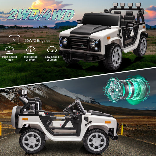 12v7a 30w*2 Four-wheel drive leather seat one button start,forward and backward, high and low speed,  music, front light, power display,  two doors can open, 2.4G R/C, seat belt four wheel absorber