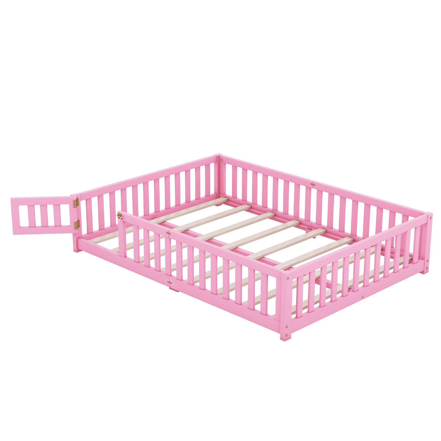 Queen Size Bed Floor Bed with Safety Guardrails and Door for Kids, Pink