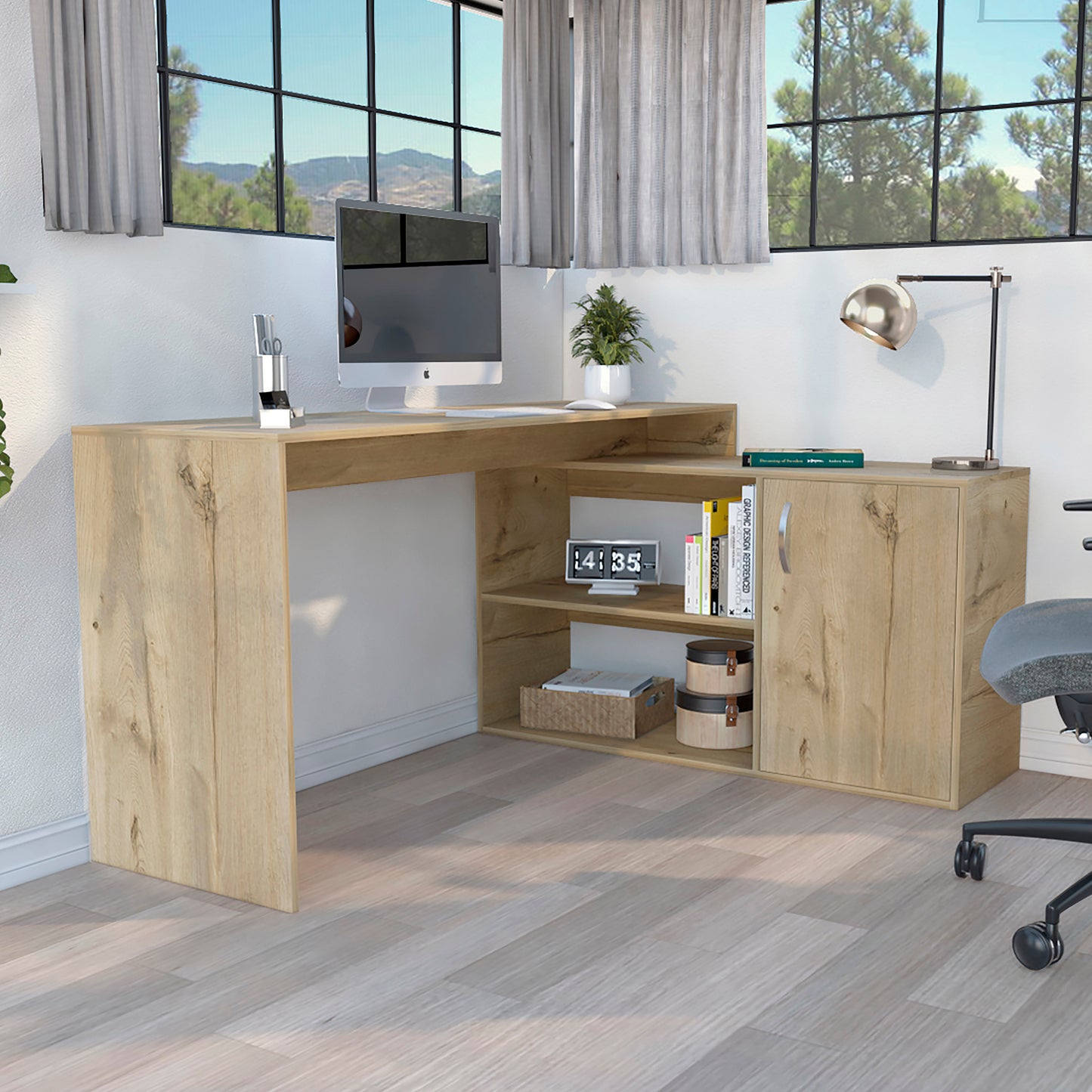 Contemporary Light Oak L-Shaped Office Desk with Spacious Storage Options